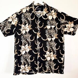 Roper Tropical Horseshoes Textured Cotton Shirt L Black Tan Equestrian